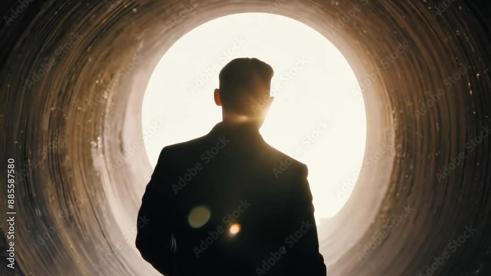 Man Walking Towards Light in Tunnel Generative AI