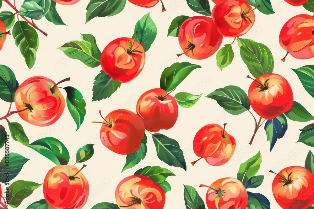 cheerful seamless pattern showcases vibrant red apples and green leaves on a light background the playful repeating design is perfect for textile wallpaper or packaging applications