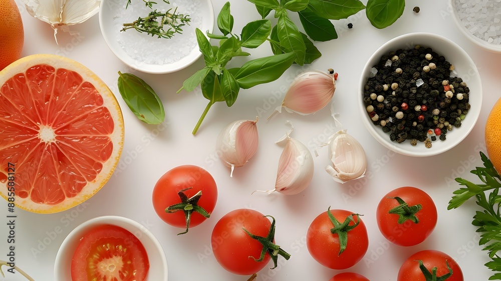 Fresh Ingredients: Tomatoes, Grapefruit, Herbs, and Spices on a White Background