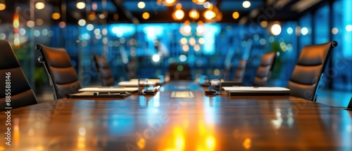 Corporate Boardroom, Focused view of chairs and table in a well-lit meeting room, Business Setting.