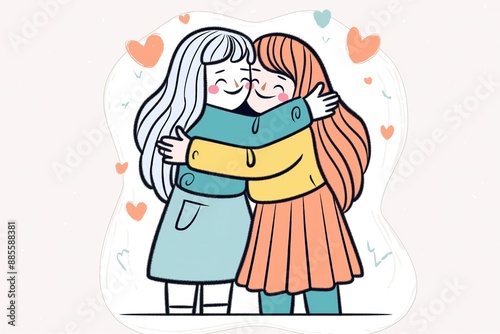 Girls hugging each other. illustration in cartoon style.