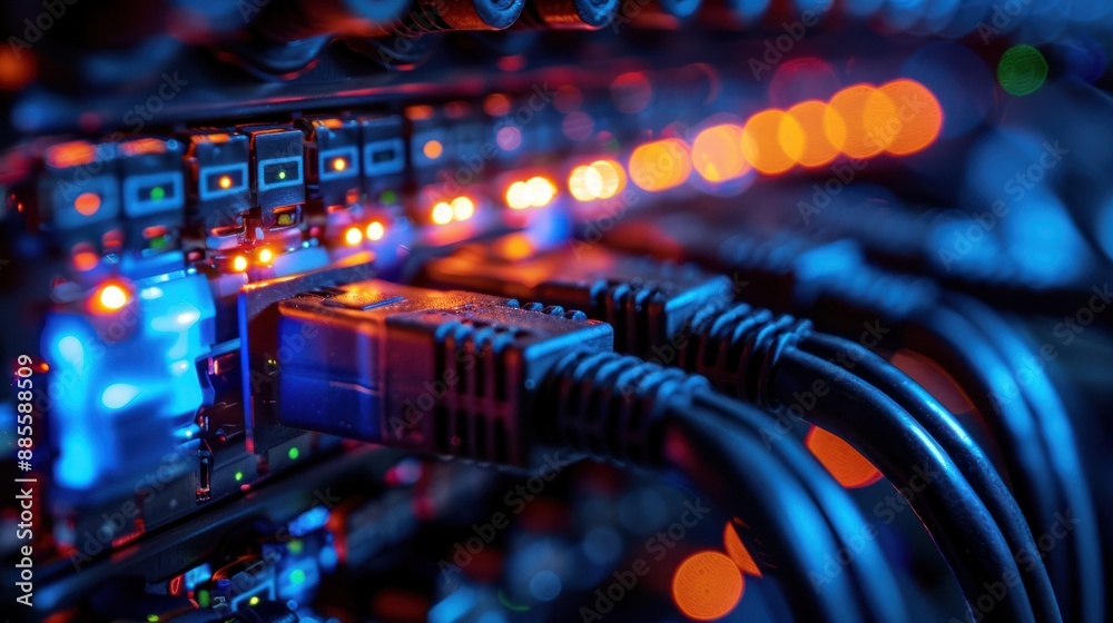 Close-up of network cables connected to a server. Illustration of data transfer, cloud computing, and modern technology infrastructure. Close-up of network cables connected to a server. Illustration of data transfer, cloud computing, and modern technology infrastructure.