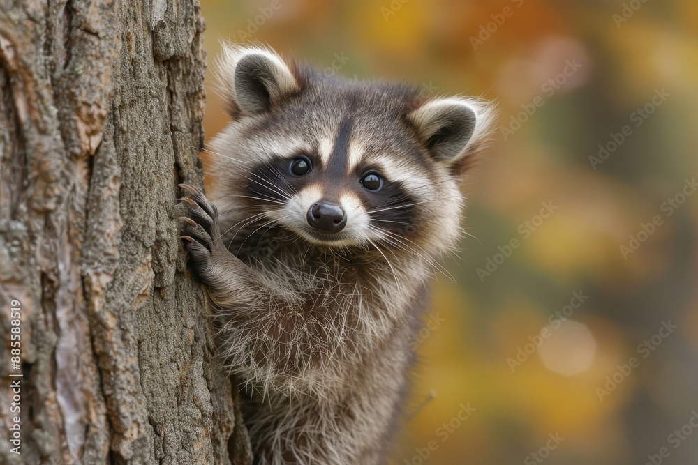Baby Raccoon: A mischievous baby raccoon, climbing a tree in the backyard. Baby Raccoon: A mischievous baby raccoon, climbing a tree in the backyard.