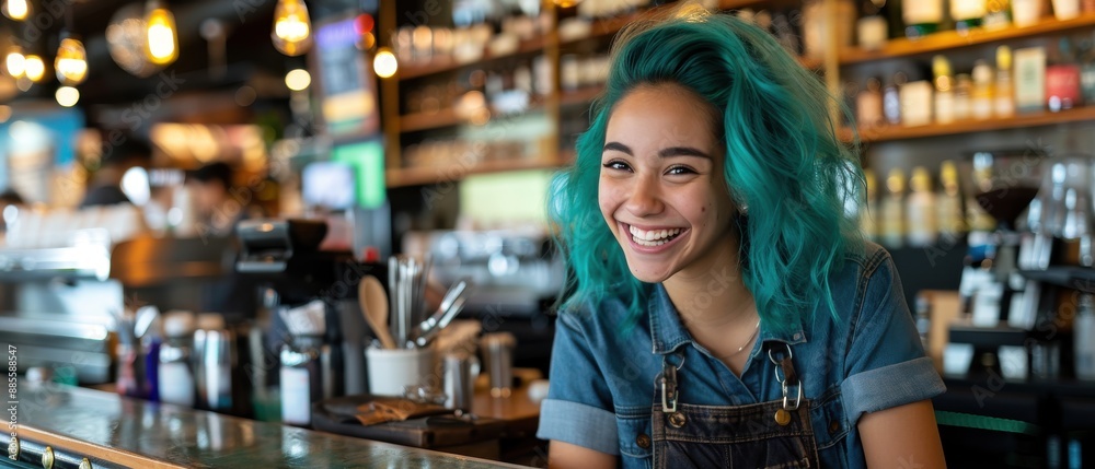 Barista Joy, Smiling woman with teal hair in a vibrant coffee shop, Cheerful Atmosphere