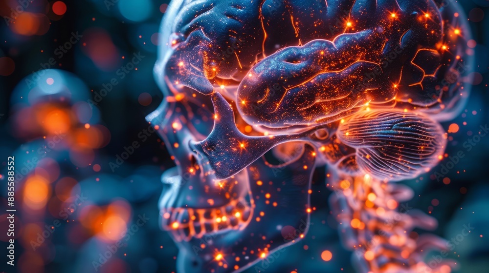 A Glowing Human Skull With a Vibrant Brain and Spine. Generative AI A Glowing Human Skull With a Vibrant Brain and Spine. Generative AI