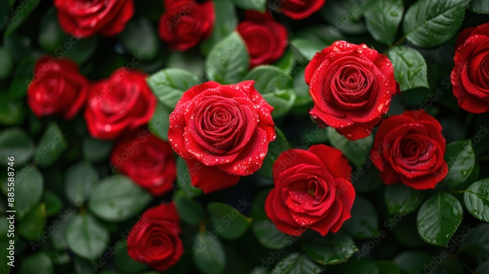 Obraz premium Close-up of beautiful red roses in full bloom, surrounded by lush green leaves. Perfect for romance, nature, and garden-themed projects.