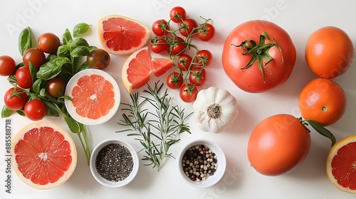 Fresh Ingredients: Tomatoes, Grapefruit, Herbs, and Spices on a White Background