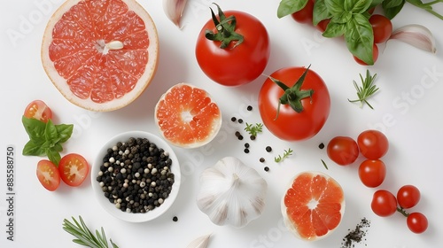 Fresh Ingredients: Tomatoes, Grapefruit, Herbs, and Spices on a White Background
