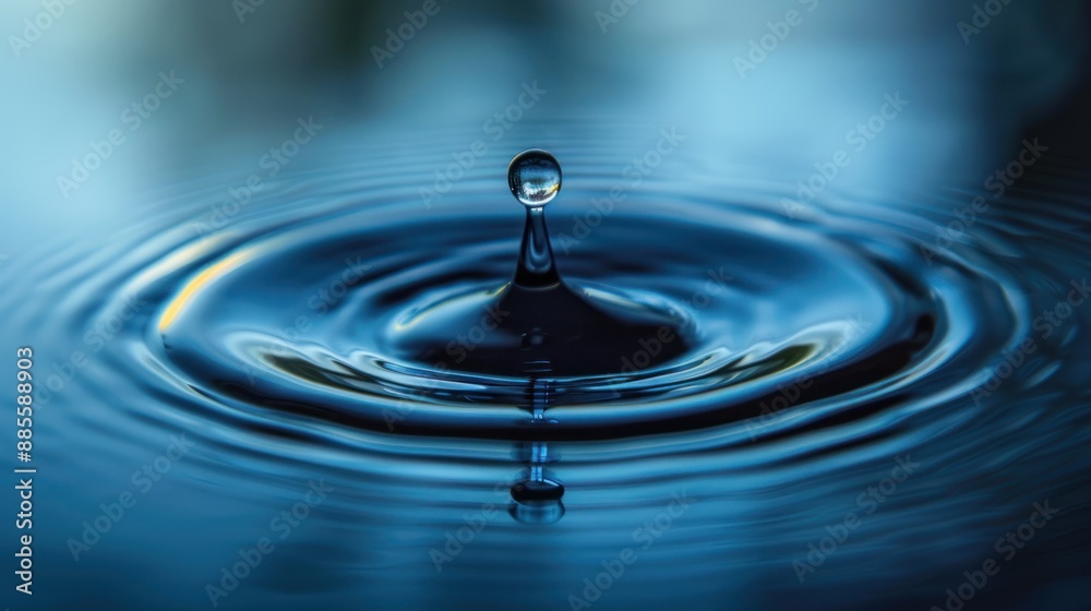 Close-up of a water droplet creating ripples in a calm, blue environment. Perfect for nature, liquid, and tranquility themes. Close-up of a water droplet creating ripples in a calm, blue environment. Perfect for nature, liquid, and tranquility themes.