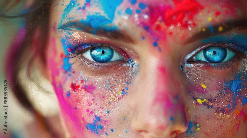 closeup portrait of a woman with mesmerizing blue eyes and intricate colorful holi powder makeup vibrant pigments create a stunning artistic display of cultural celebration and beauty closeup portrait of a woman with mesmerizing blue eyes and intricate colorful holi powder makeup vibrant pigments create a stunning artistic display of cultural celebration and beauty