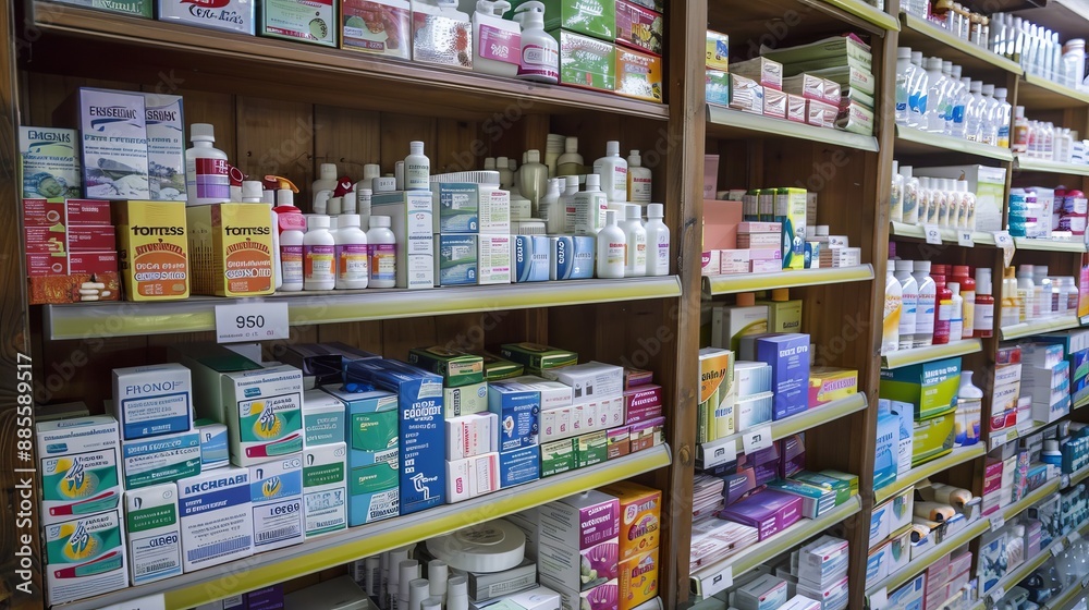Pharmacy shelves stocked with boxes of healthcare products for sale. Pharmacy shelves stocked with boxes of healthcare products for sale.