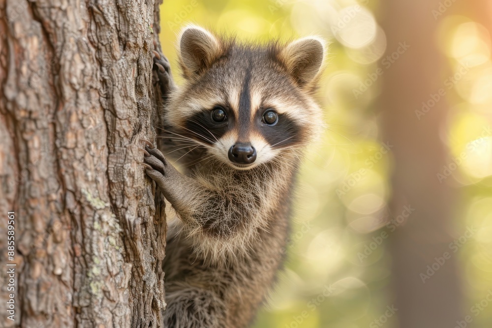 Obraz premium Baby Raccoon: A mischievous baby raccoon, climbing a tree in the backyard. 