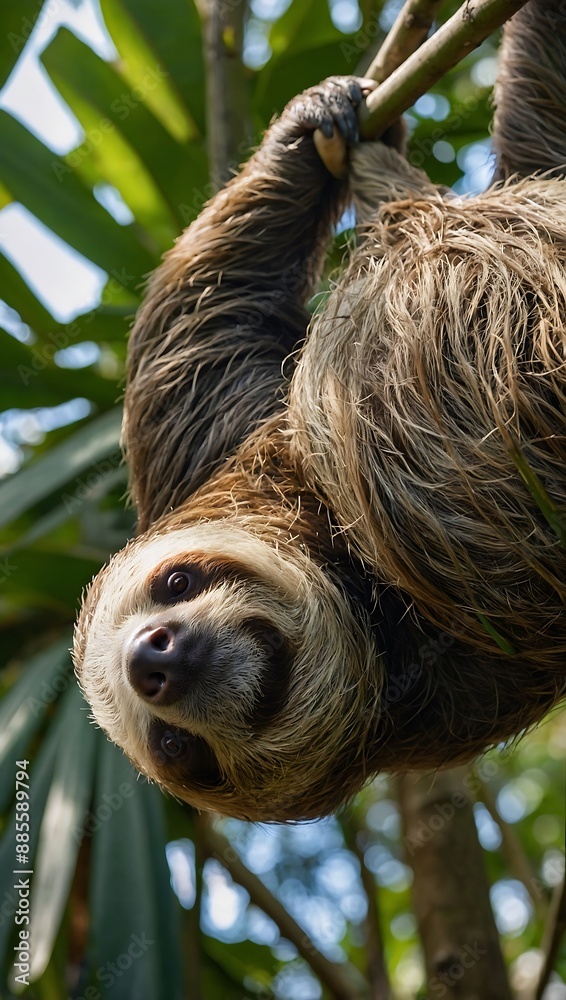 Obraz premium Sloth hanging upside down, peaceful nap in tropical forest