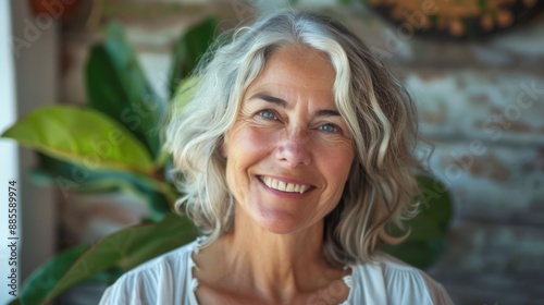 A happy elderly woman with grey hair and a warm smile