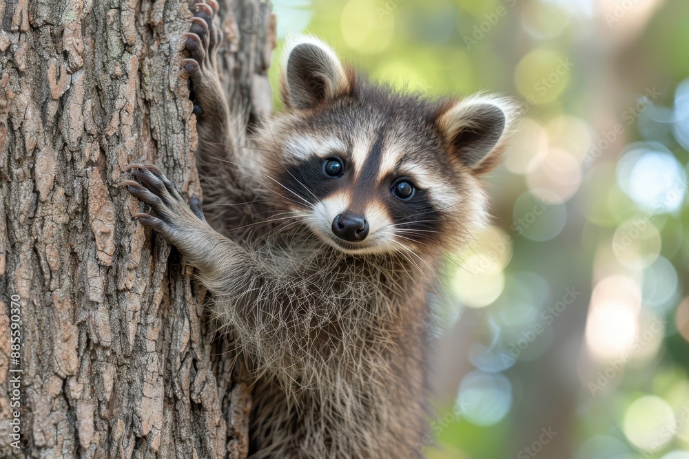 Baby Raccoon: A mischievous baby raccoon, climbing a tree in the backyard. Baby Raccoon: A mischievous baby raccoon, climbing a tree in the backyard.
