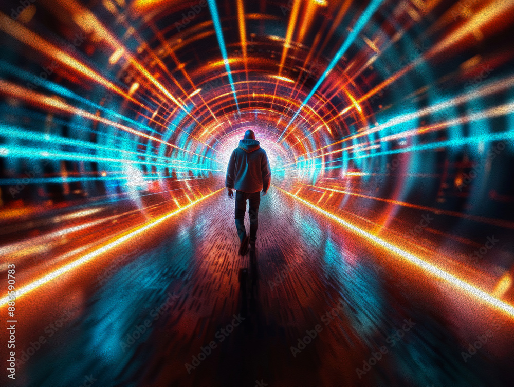 A lone figure walks through a tunnel of colorful light A lone figure walks through a tunnel of colorful light