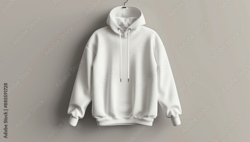 A plain white hoodie hangs against a simple beige background, capturing the essence of minimalistic design and the timeless appeal of comfortable casual wear in fashion. A plain white hoodie hangs against a simple beige background, capturing the essence of minimalistic design and the timeless appeal of comfortable casual wear in fashion.
