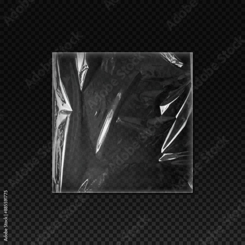 Vector overlay of transparent crumpled plastic bag on isolated black background
