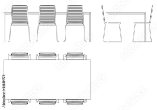Chairs and Table Set Line Vector Illustration. Different Views of Modern Chair, Ideal for Furniture Design and Interior Concepts with Front, Side, and Top Views