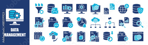 Data management icon collection set. Containing data, business, technology, management, information, and more. Solid vector icons collection.