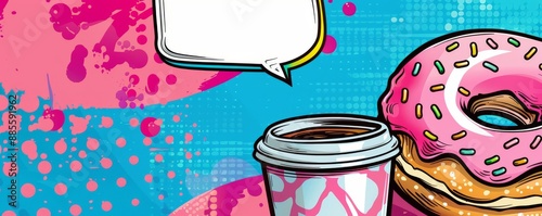 Playful pop art design with coffee cup, donut and speech bubble against a vibrant background