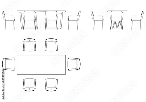 Chairs and Table Set Line Vector Illustration. Different Views of Modern Chair, Ideal for Furniture Design and Interior Concepts with Front, Side, and Top Views
