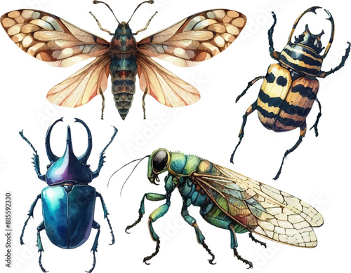 set with various insects in watercolor style