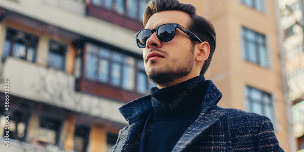 A man wearing sunglasses and a black coat stands in front of a building. He looks confident and stylish A man wearing sunglasses and a black coat stands in front of a building. He looks confident and stylish