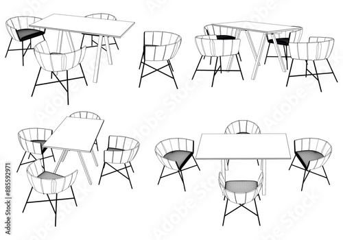 Collection of Elegant Modern Chairs and Table Set with Detailed Line Art on White Background. Vector Illustration