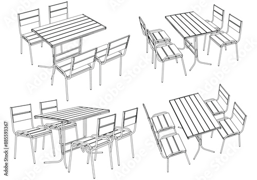 Collection of Elegant Modern Chairs and Table Set with Detailed Line Art on White Background. Vector Illustration
