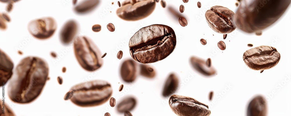A close up of coffee beans in the air. Free copy space for banner. A close up of coffee beans in the air. Free copy space for banner.