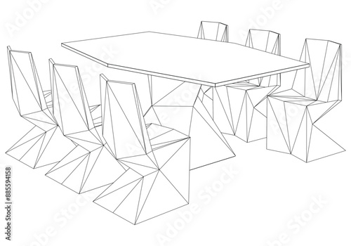 Chairs and Table Set Line Vector Illustration. Different Views of Modern Chair, Ideal for Furniture Design and Interior Concepts