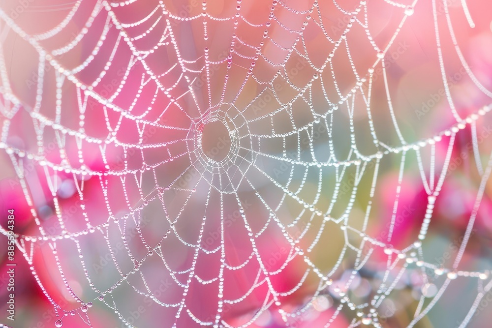 extreme closeup of an intricate spider web adorned with perfect spheres of morning dew soft pastel background creates dreamy bokeh effect sharp focus on delicate silk strands extreme closeup of an intricate spider web adorned with perfect spheres of morning dew soft pastel background creates dreamy bokeh effect sharp focus on delicate silk strands