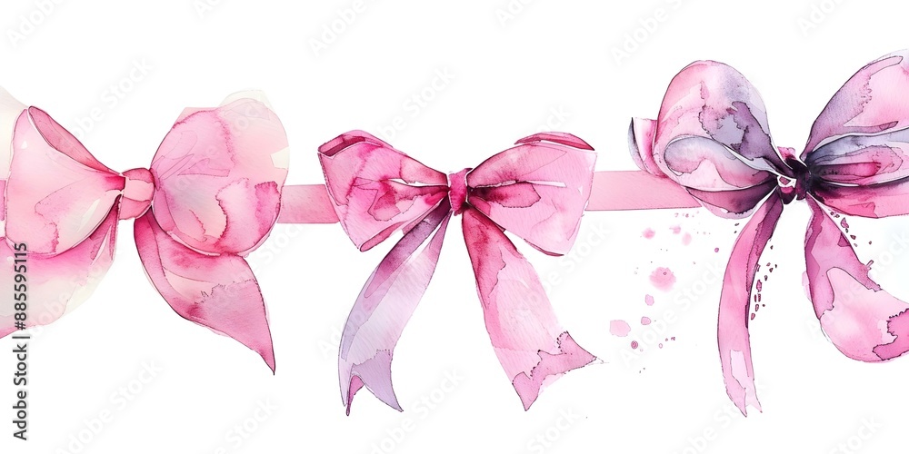 Romantic Valentines Day Invitations Featuring Watercolor Pink Bows and Ribbons. Concept Valentines Day, Invitations, Watercolor, Pink Bows, Ribbons