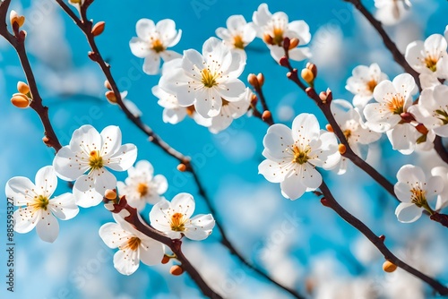 Beautiful floral spring abstract background of nature. Branches of blossoming apricot macro with soft focus on gentle light blue sky background-.