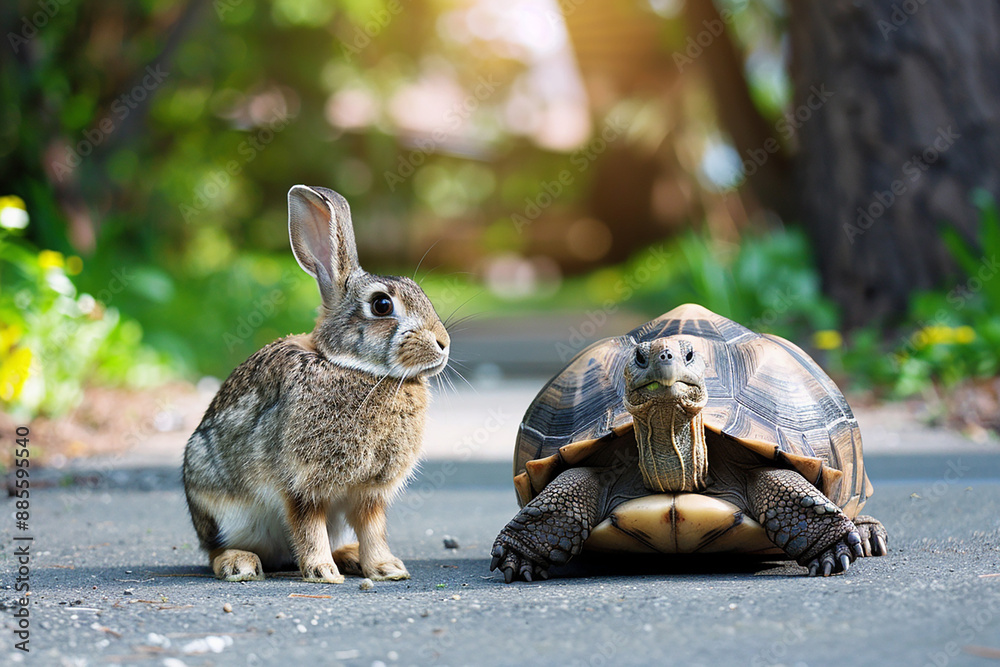 A rabbit and a tortoise on a path, representing the classic fable of ...