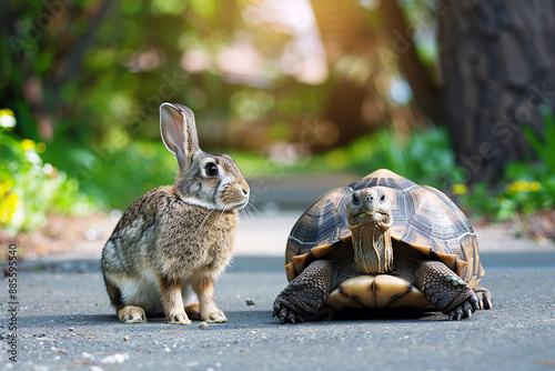 A rabbit and a tortoise on a path, representing the classic fable of the hare and the tortoise, illustrating the moral 'slow and steady wins the race.'