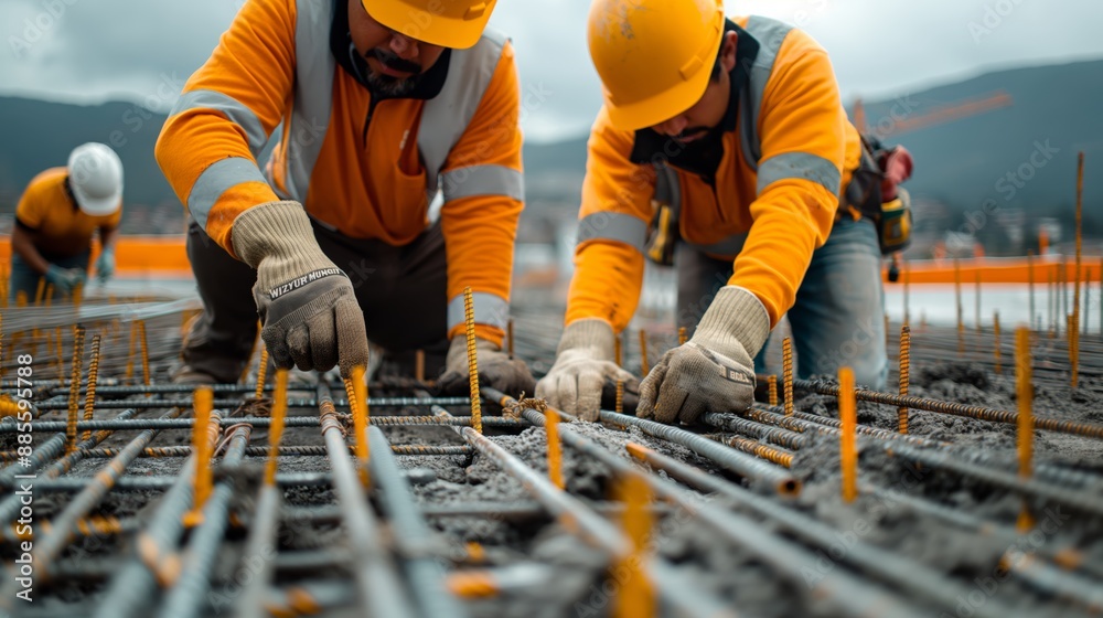 Construction workers in safety gear working on a rebar framework for a concrete slab on a building site. Construction workers in safety gear working on a rebar framework for a concrete slab on a building site.