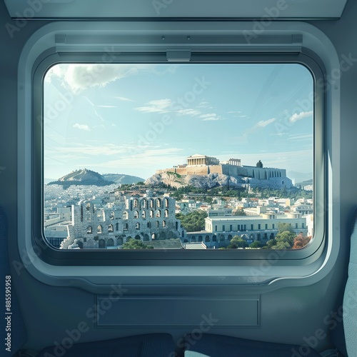 Panoramic view of Acropolis in Athens Greece through bus window. Cityscape with white buildings green trees and blue sky. Perfect for travel agency tours brochure