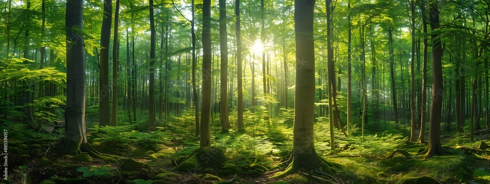 Fototapeta premium Beautiful green forest with tall trees and sunlight in spring or summer, panorama banner