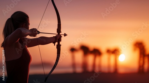 A woman aims her bow and arrow at sunset, highlighting the perfect blend of concentration, strength, and serene landscape. photo