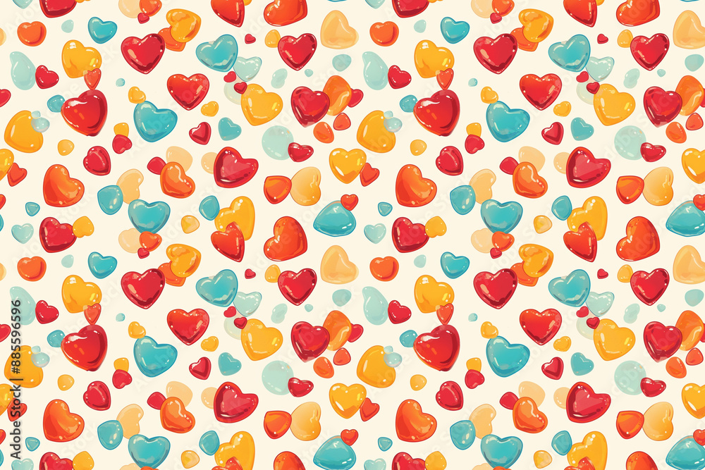 Seamless pattern with colorful heart shapes. The playful design features red, yellow, and blue hearts on a light background, perfect for cheerful and fun decor. Seamless pattern with colorful heart shapes. The playful design features red, yellow, and blue hearts on a light background, perfect for cheerful and fun decor.