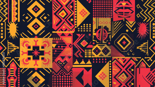 A colorful, abstract pattern of squares and triangles in red and yellow