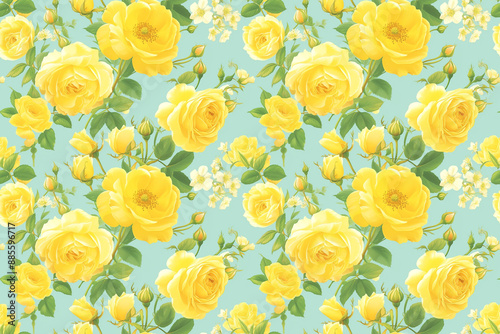 Seamless pattern with yellow roses and green leaves. The design is fresh and elegant, featuring a vibrant and colorful palette.