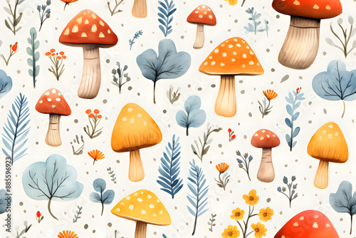 Premium Cute Elegant Seamless Pattern With Watercolor Mushroom Texture and Perfect for Packaging and Wrapping, Stationery, Home Decor, Fashion and Apparel, Crafts and Diy, and Digital Products