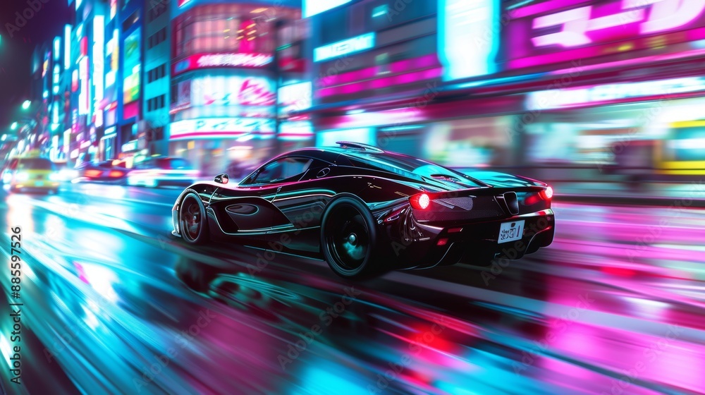 Sleek black race car zipping through vibrant urban lights Sleek black race car zipping through vibrant urban lights