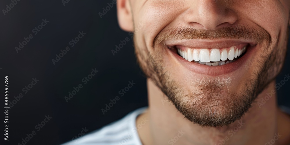 Young Man With Beautiful Smile On Black Background, Copy Space, Teeth Whitening, Closeup, Dentistry Clinic Advertising Concept Young Man With Beautiful Smile On Black Background, Copy Space, Teeth Whitening, Closeup, Dentistry Clinic Advertising Concept