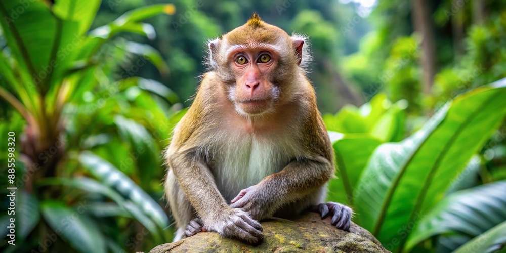 A curious macaque monkey with a mischievous gaze and fluffy fur, sitting on a rock, surrounded by lush green tropical forest foliage. A curious macaque monkey with a mischievous gaze and fluffy fur, sitting on a rock, surrounded by lush green tropical forest foliage.