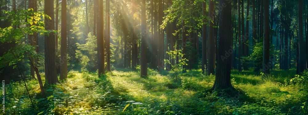 Fototapeta premium Beautiful green forest with tall trees and sunlight in spring or summer, panorama banner