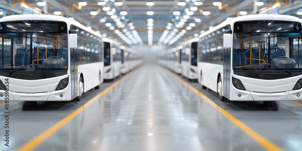 Factory producing electric city buses for modern transportation needs and sustainability goals. Concept Electric buses, Sustainable transportation, Modern manufacturing, City infrastructure Factory producing electric city buses for modern transportation needs and sustainability goals. Concept Electric buses, Sustainable transportation, Modern manufacturing, City infrastructure